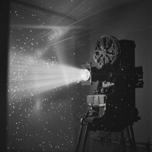Schwarzweißer Filmprojektor wirft einen Lichtstrahl durch staubige Dunkelheit