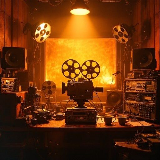 Filmstudio mit Projektor, Filmspulen, Lautsprechern und Schnitttechnik
